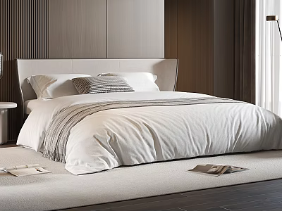 Modern Double Bed Interior With White Sheets Comforter Striped Pillows And Light Headboard Wooden Flooring 3d model