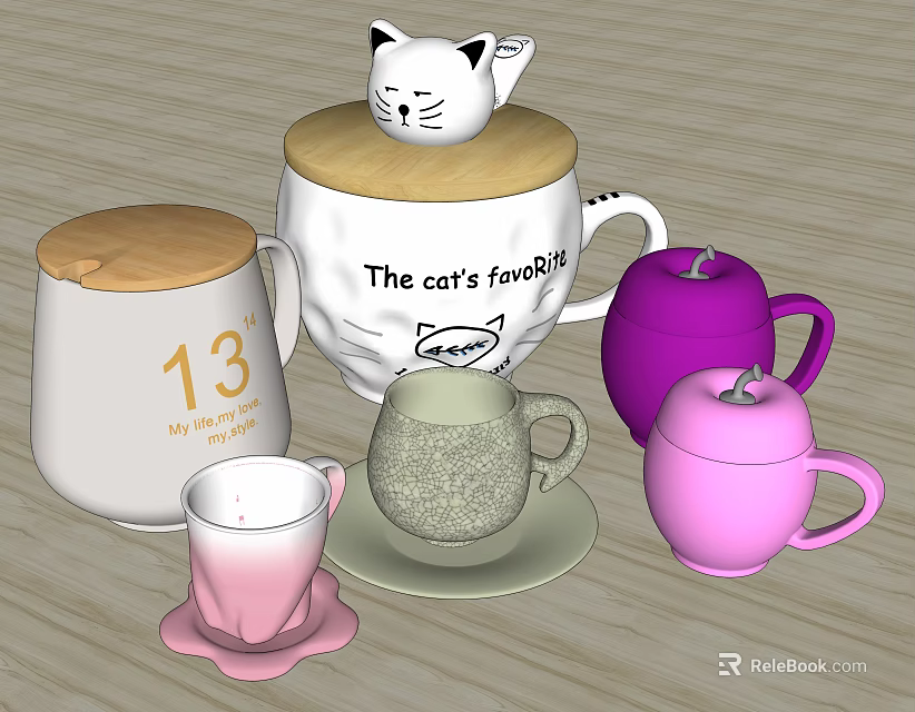 Various Ceramic Cups with Cat Pattern Number 13 Wooden Lid and Colorful Designs 3d model 