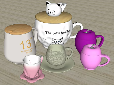 Various Ceramic Cups with Cat Pattern Number 13 Wooden Lid and Colorful Designs 3d model