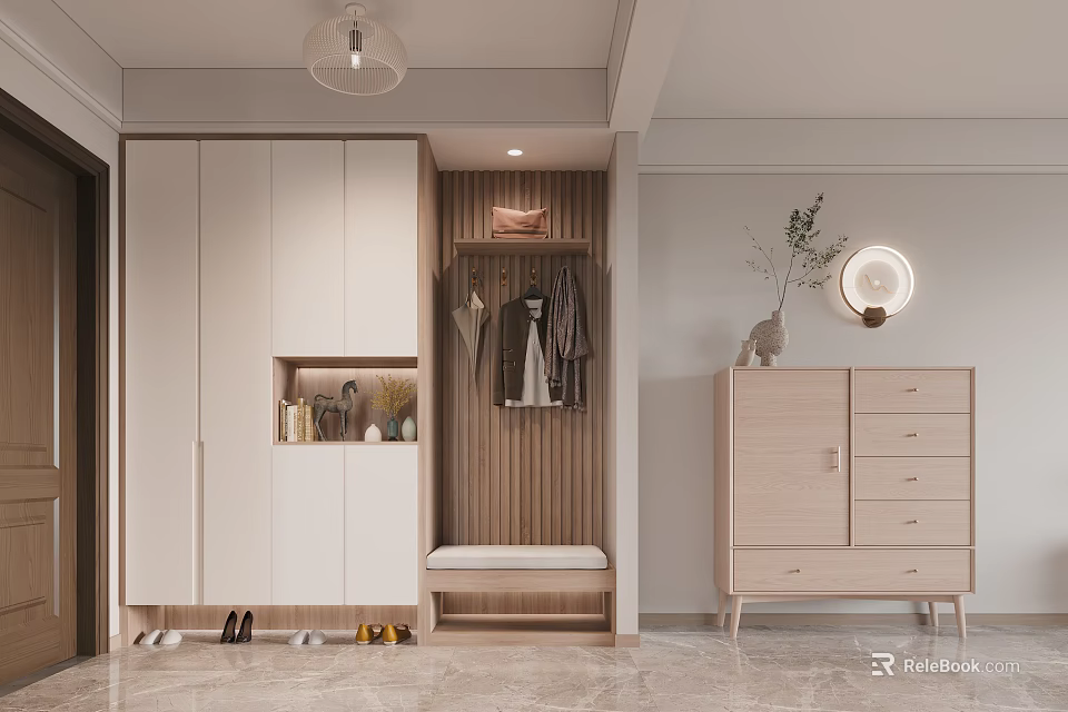 Modern Light Colored Shoe Cabinet With Clothing Rack Bench And Decorative Items In Entryway 3d model