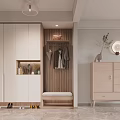 Modern Light Colored Shoe Cabinet With Clothing Rack Bench And Decorative Items In Entryway 3d model
