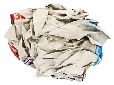Crumpled Paper Ball With Red Blue White Colors And Energo Text On White Background 3d model