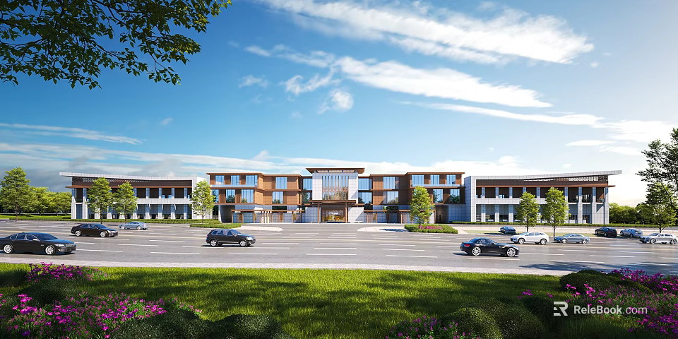 Modern Commercial Street With Multi Story Buildings Parked Cars Green Landscaping And Blue Sky 3d model 