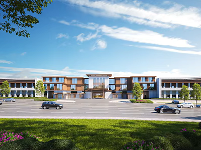 Modern Commercial Street With Multi Story Buildings Parked Cars Green Landscaping And Blue Sky 3d model