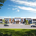 Modern Commercial Street With Multi Story Buildings Parked Cars Green Landscaping And Blue Sky
