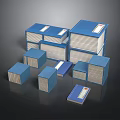 Modern Blue Storage Furniture Featuring Stacked And Separately Placed Boxes Of Various Sizes