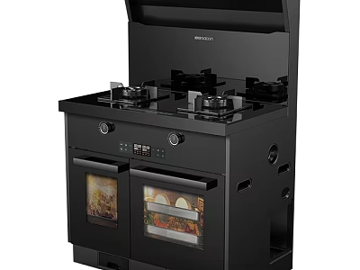 Modern Black Built-in Kitchen Appliance With Multiple Gas Burners And Dual Oven Doors 3d model
