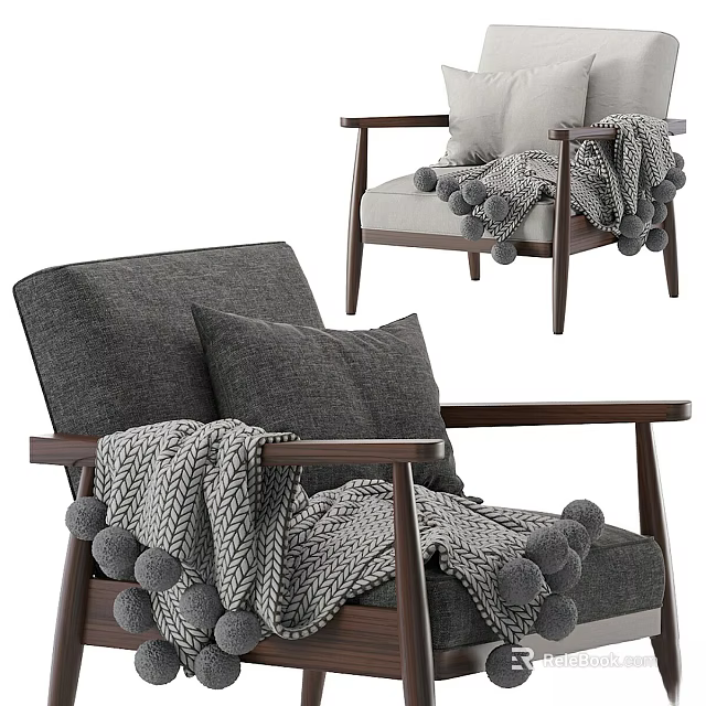 Cozy Gray Armchair With Wooden Frame Pillows And Pom Pom Blanket 3d model 