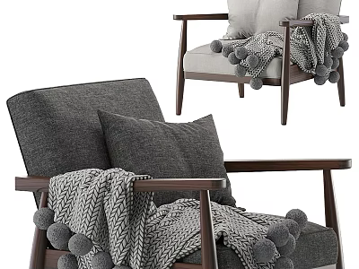 Cozy Gray Armchair With Wooden Frame Pillows And Pom Pom Blanket 3d model