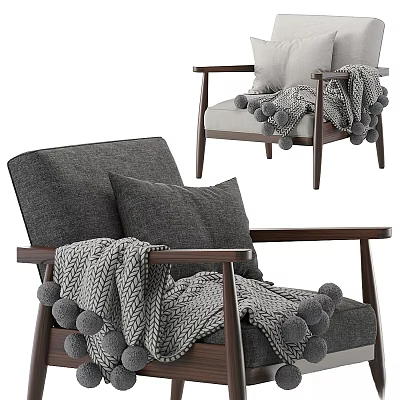 Cozy Gray Armchair With Wooden Frame Pillows And Pom Pom Blanket 3d model
