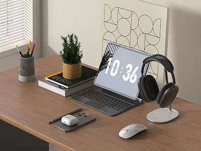 Modern Workspace Setup With Laptop Tablet Wireless Mouse Headphones And Potted Plant On Wooden Desk 3d model