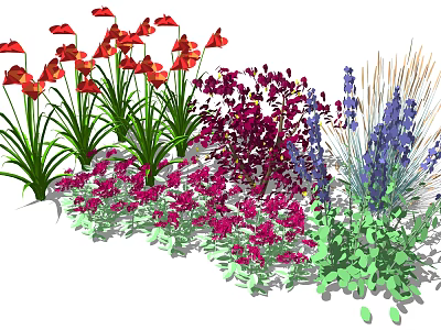 Colorful Garden Flowers Featuring Red Purple Blue Blooms And Green Foliage 3d model