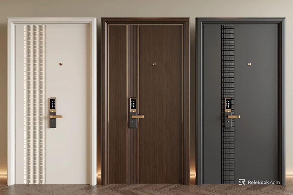 Modern Security Doors With Electronic Locks And Textured Designs In White Brown Dark Gray 3d model