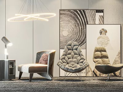 Modern Living Room Interior Featuring Geometric Accent Chairs Artwork And Pendant Lighting 3d model