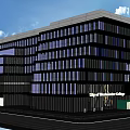 Modern Multi Storey Office Building With Glass Facade Trees Lawn And Street Lamp