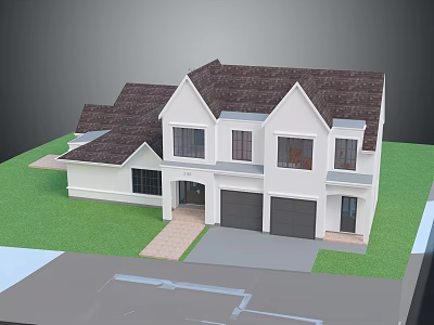 Single Family Home With White Exterior Dark Roof Two Car Garage And Green Lawn 3d model