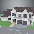 Single Family Home With White Exterior Dark Roof Two Car Garage And Green Lawn