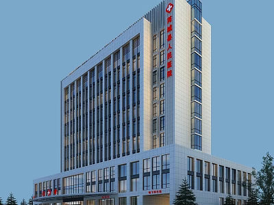Modern Hospital Building With White Exterior Glass Curtain Wall Multiple Floors And Red Logo 3d model