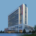 Modern Hospital Building With White Exterior Glass Curtain Wall Multiple Floors And Red Logo