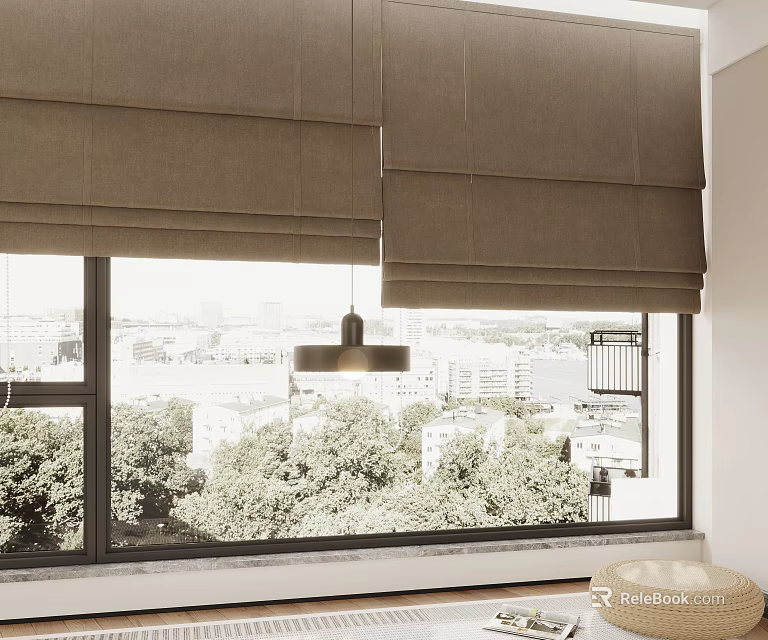Modern Beige Roman Blinds for Window with City View and Green Trees in Cozy Interior 3d model 