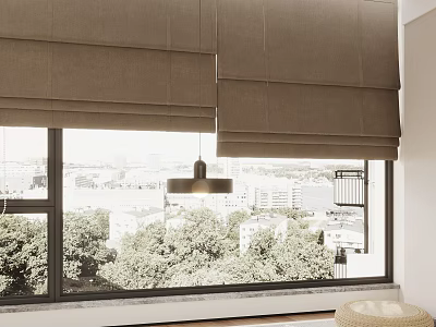 Modern Beige Roman Blinds for Window with City View and Green Trees in Cozy Interior 3d model