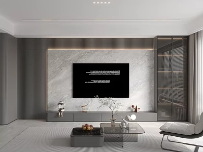 Modern Minimalist Living Room Interior With Marble TV Wall And Coffee Table Decorations 3d model