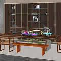 Modern Tea Table and Chairs with Bench Wooden Cabinets Shelves and Tea Set
