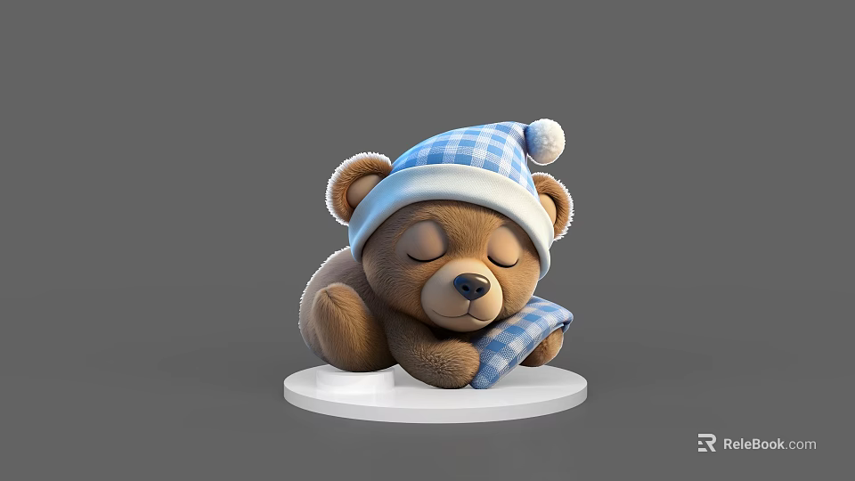 Cute Sleeping Teddy Bear Doll With Blue White Checkered Hat And Pillow On White Base 3d model 