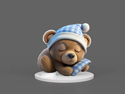 Cute Sleeping Teddy Bear Doll With Blue White Checkered Hat And Pillow On White Base 3d model