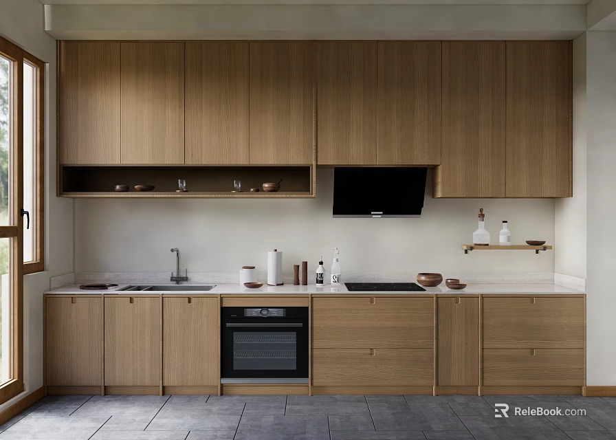 Modern Wooden Kitchen Cabinets With Countertop Oven Range Hood And Tile Floor 3d model 