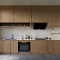 Modern Wooden Kitchen Cabinets With Countertop Oven Range Hood And Tile Floor
