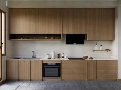 Modern Wooden Kitchen Cabinets With Countertop Oven Range Hood And Tile Floor 3d model