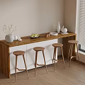Modern Home Bar Counter With Wooden Top White Cabinet Stools Fruit Vase And Plates