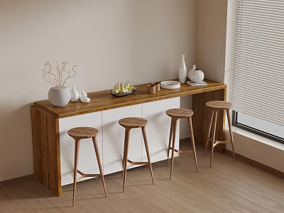 Modern Home Bar Counter With Wooden Top White Cabinet Stools Fruit Vase And Plates 3d model