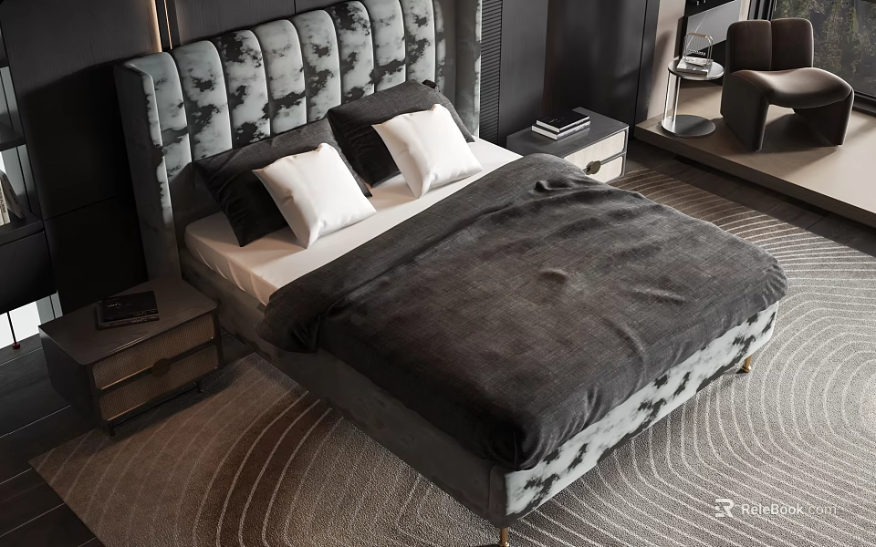 Modern Upholstered Double Bed With Gray Headboard Nightstand And Area Rug Bedding 3d model 