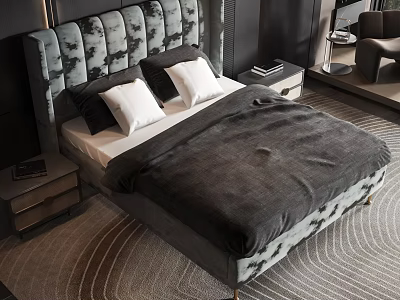 Modern Upholstered Double Bed With Gray Headboard Nightstand And Area Rug Bedding 3d model