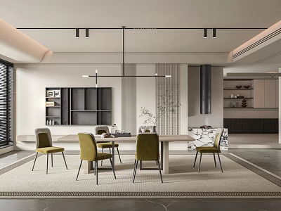 Elegant Modern Restaurant Interior With Dining Table Green Chairs Pendant Lights And Decorative Shelves 3d model