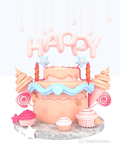Colorful Birthday Cake With Happy Letters Star Decorations Ice Cream Cones Lollipops And Cupcakes 3d model 