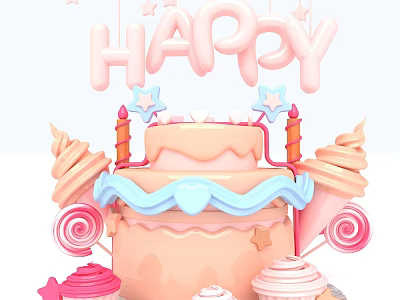 Colorful Birthday Cake With Happy Letters Star Decorations Ice Cream Cones Lollipops And Cupcakes 3d model