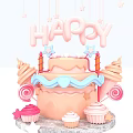 Colorful Birthday Cake With Happy Letters Star Decorations Ice Cream Cones Lollipops And Cupcakes