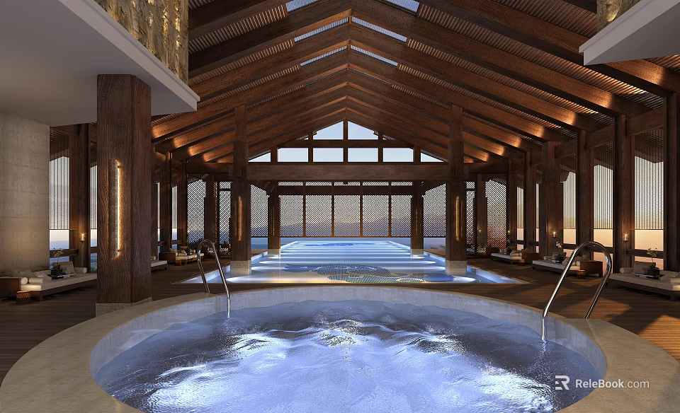 Relaxing Shower Sauna Spa With Vaulted Wooden Ceiling And Circular Hot Tub 3d model 