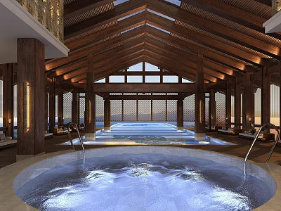 Relaxing Shower Sauna Spa With Vaulted Wooden Ceiling And Circular Hot Tub 3d model