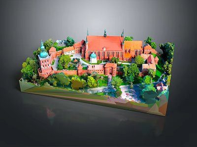 Colorful 3D Cartoon Scene of Village with Red Buildings Green Trees and Blue Domes 3d model