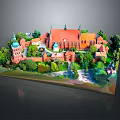 Colorful 3D Cartoon Scene of Village with Red Buildings Green Trees and Blue Domes