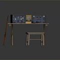 Wooden Stool Next To Vintage Control Panels On Wooden Table With Rifle