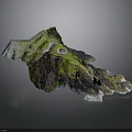 Detailed 3D Terrain Model With Green Vegetation Rocky Slopes White Patches And Small Square Structure