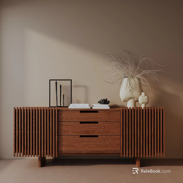 Wooden Modern Entryway Console Cabinet with Drawers Black Frame Books White Vase and Dried Branches 3d model 