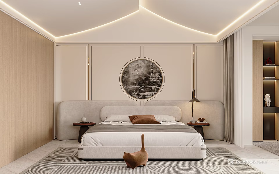 Modern Minimalist Bedroom Interior With Upholstered Headboard Circular Wall Art And Area Rug 3d model 