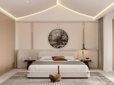 Modern Minimalist Bedroom Interior With Upholstered Headboard Circular Wall Art And Area Rug 3d model