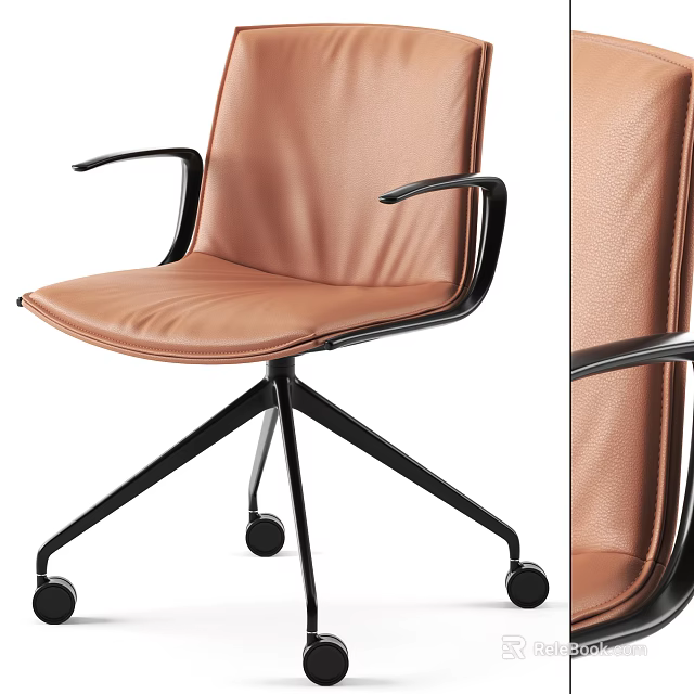 Modern Brown Leather Office Chair With Black Armrests And Five Star Caster Base 3d model 